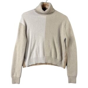 Theory 100% Cashmere Color Block Ribbed Turtleneck Sweater Beige Tan Small